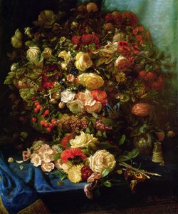 Natura morta di fiori su un cornicione con nido di uccelli